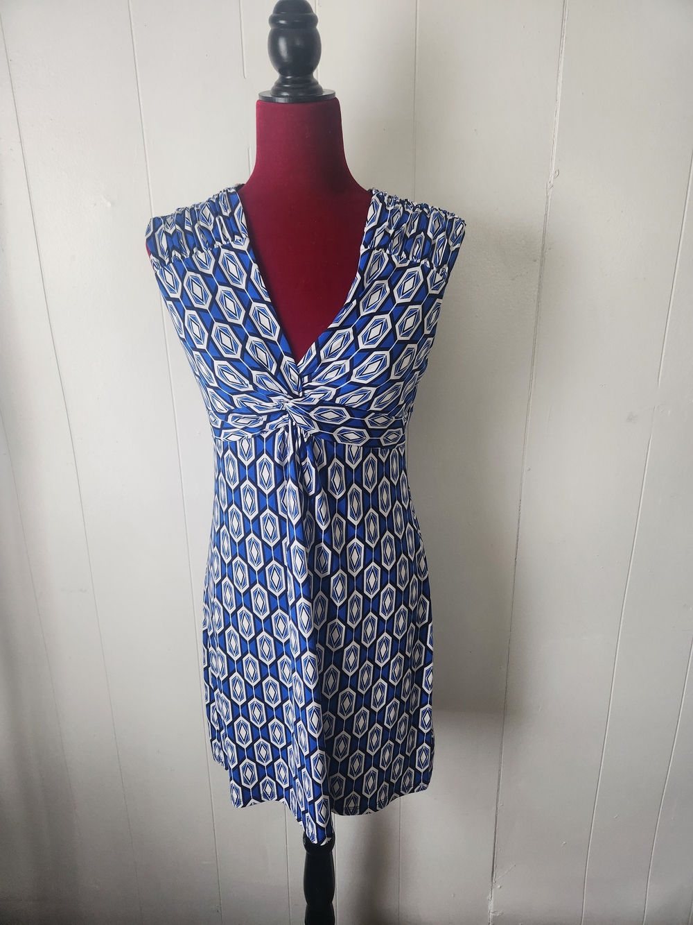Blue Geo-Print V-Neck Twist Front Dress Size Medium
